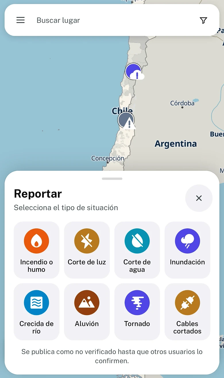 La hoja Reportar de Situal, con las categorías que una persona puede reportar